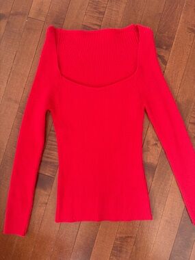 Ribbed Square Neck Long Sleeve Top in Red
